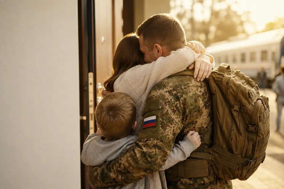 Военнослужащий обнимает жену и сына перед отъездом